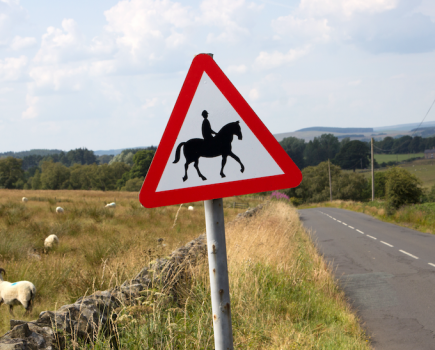 Pictured is a road sign with a horse on it with the colour red around the edge, warning drivers that horses are hacking on the road