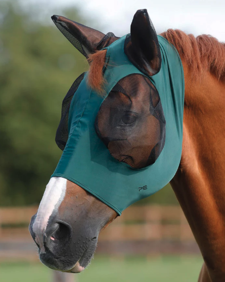 Pictured is the Premier Equine Comfort Tech Lycra Fly Mask for horses in the colour green