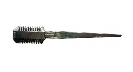 Pictured is a metal thinning razor with a long handle