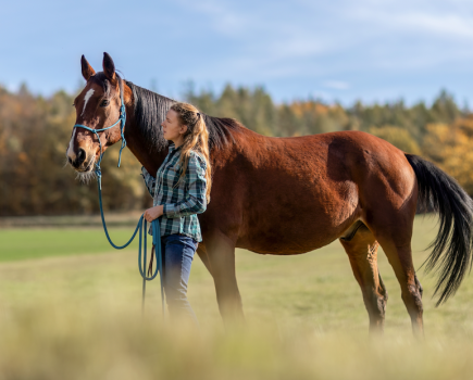 Pictured is a female rider standing next to a bay horse in a field; natural horsemanship can do wonders for your bond