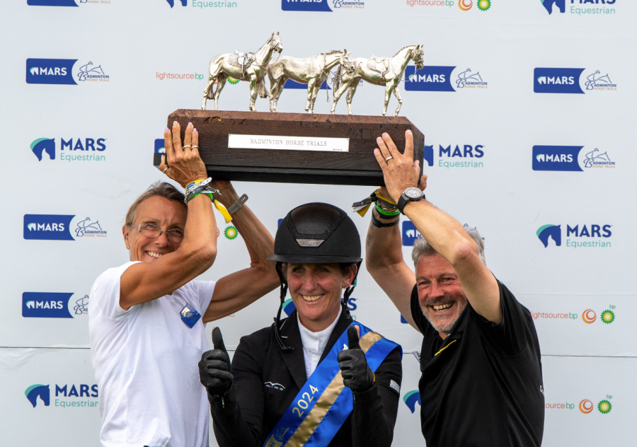 Caroline Powell is pictured with the trophy at Badminton Horse Trials