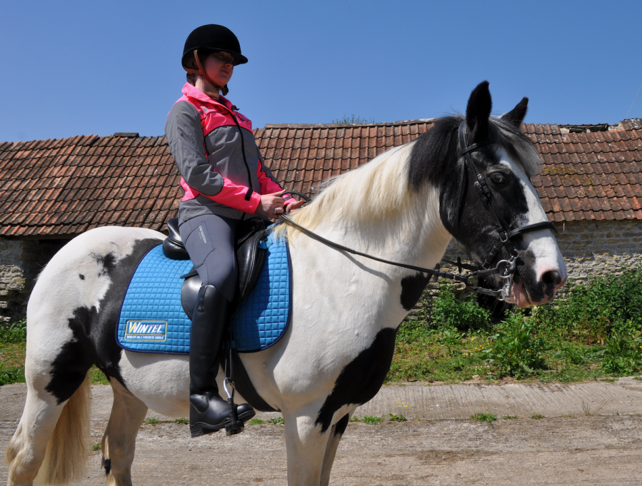 Tester Julie's daughter Chloe is pictured riding in the Lusso Signature Riding Leggings