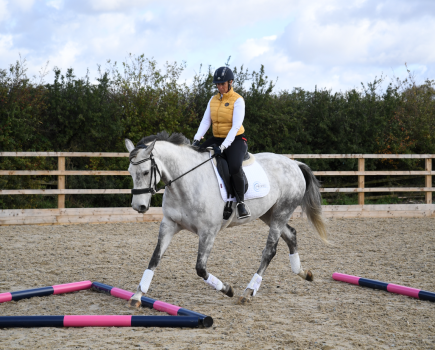 Pictured is a grey horse and rider trotting through a triangle: just one of the fun ground pole exercises for horses that get great results