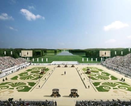 Pictured is an illustration of what the main arena will look like for the equestrian sports at Versaille during the Paris Olympic Games