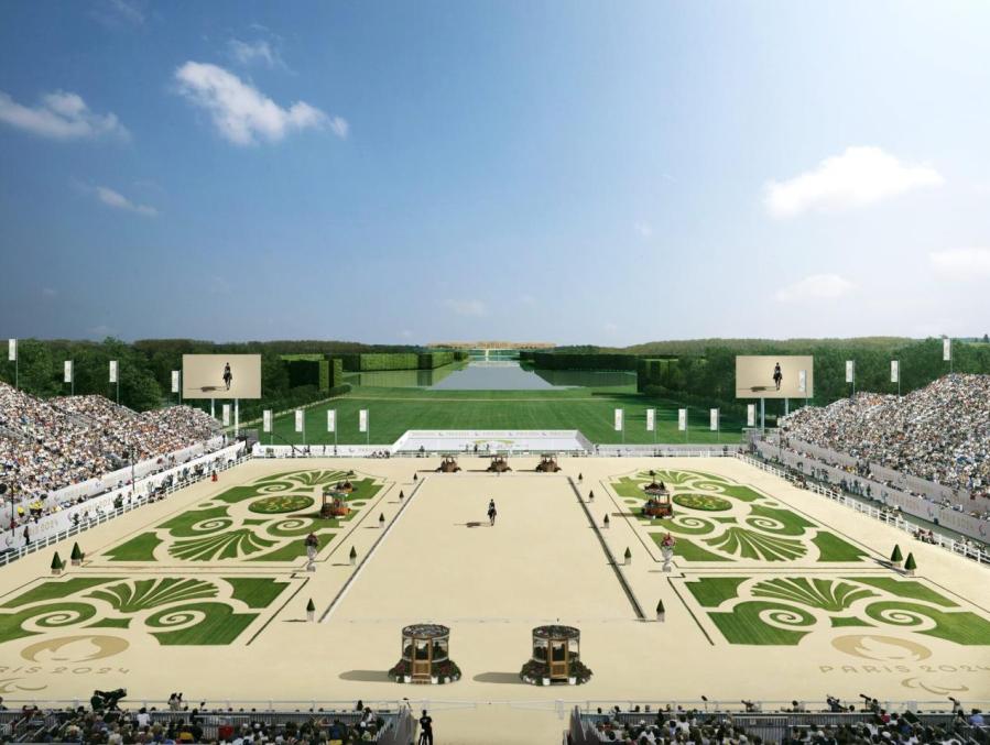 Pictured is an illustration of what the main arena will look like for the equestrian sports at Versaille during the Paris Olympic Games