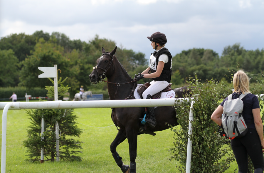 Pictured is a horse and rider entering the cross-country start box at a competition