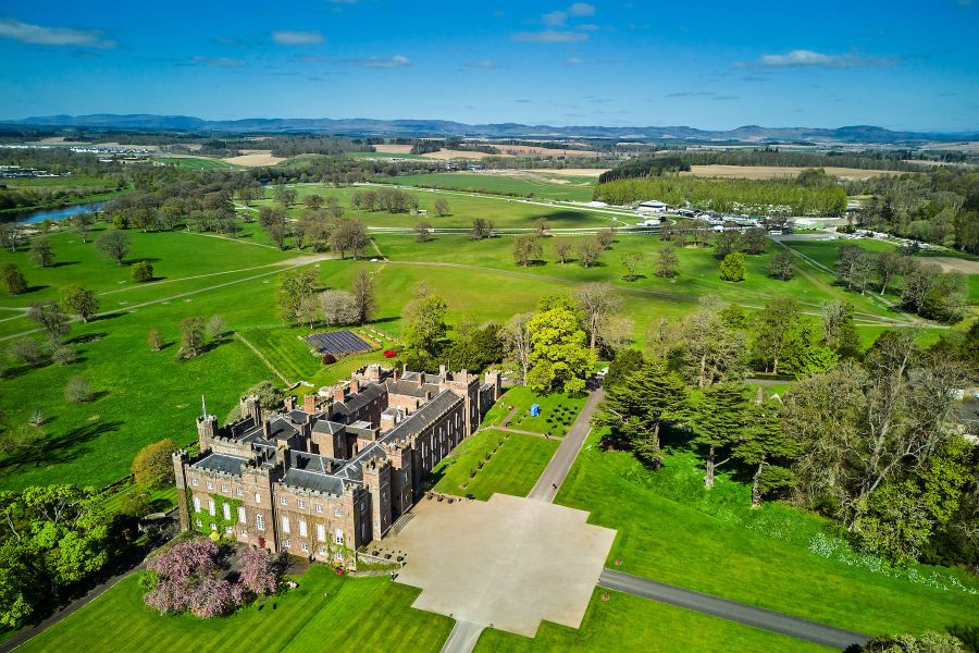 Pictured is an aerial view of Scone Palace and Perth Racecourse