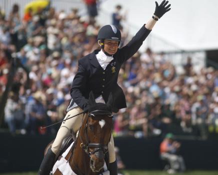 Pictured is Lucinda Fredericks punching the air after winning the Rolex CCI5* aboard Headley Britannia