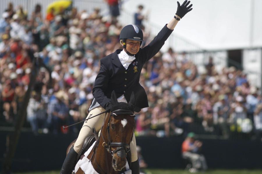 Pictured is Lucinda Fredericks punching the air after winning the Rolex CCI5* aboard Headley Britannia